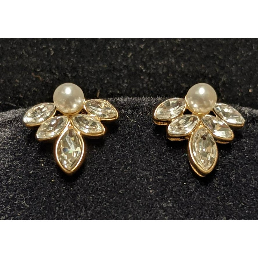 Vintage Faux Pearl Five Navette Post Earrings White Rhinestones Leaf Drop Shape