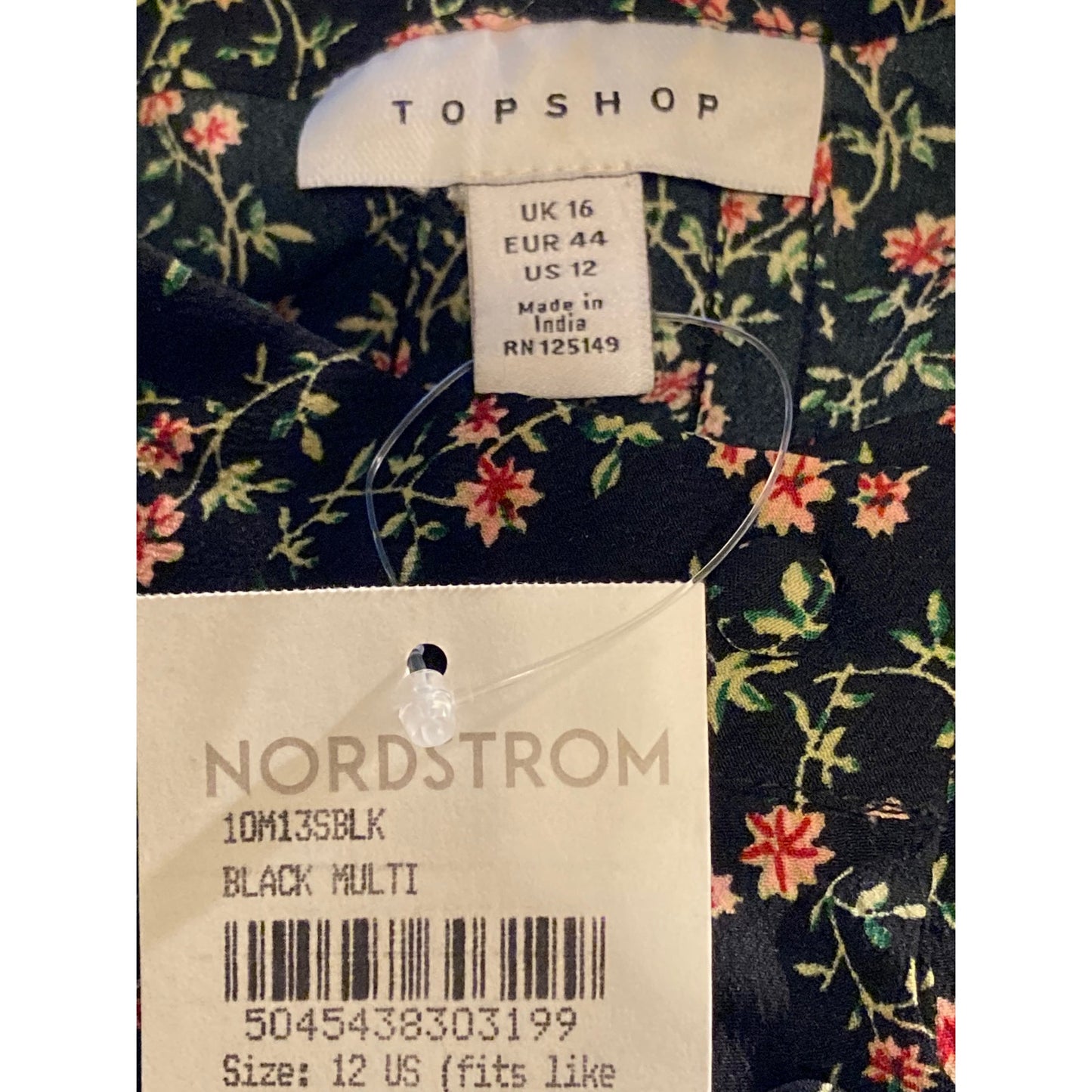 TOPSHOP Tiny Front Pleats Long Sleeve Mini Dress Sz 12 in Black Floral Multi NWT