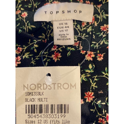 TOPSHOP Tiny Front Pleats Long Sleeve Mini Dress Sz 12 in Black Floral Multi NWT