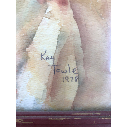 Kay Towle 1978 Signed Artist Watercolor Lady's Face Painting Crimson woman