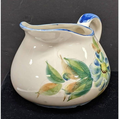 Vintage Signed Secla Portugal Hand Painted Blue Green Floral Pitcher Jug Vase