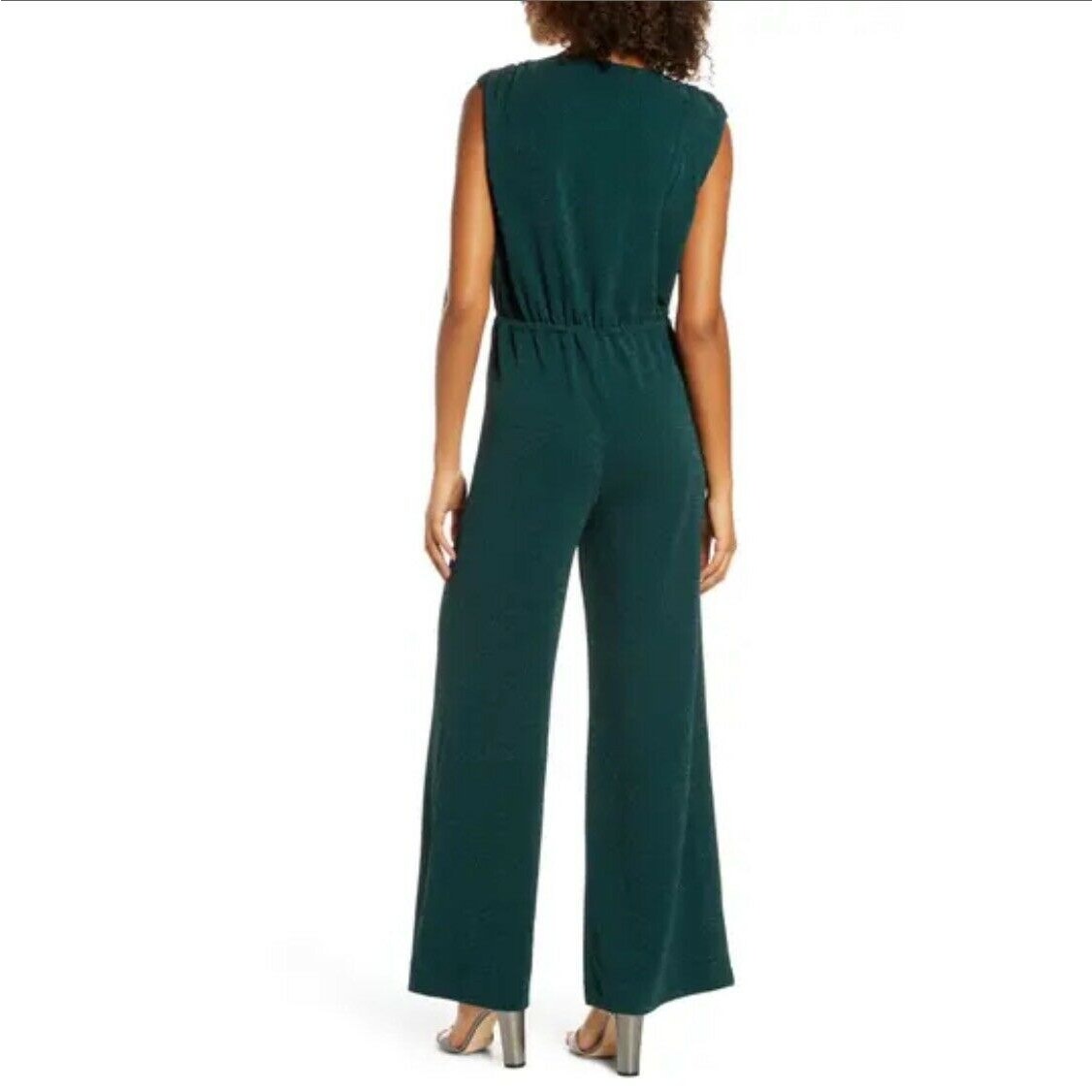 Chelsea 28 Sparkle Wide Leg Jumpsuit Sleeveless V-Neck Metallic Green SZ Medium