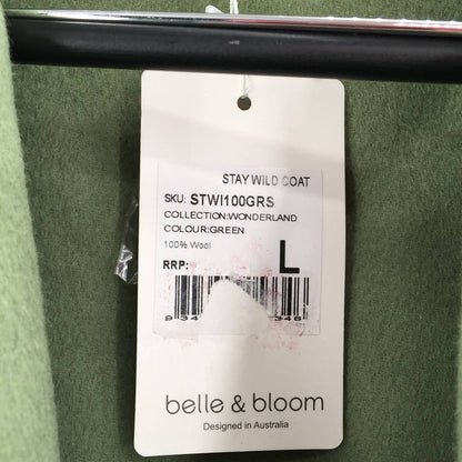 Belle & Bloom Stay Wild Oversized Wool Coat Belt Waist Solid Green Size Large