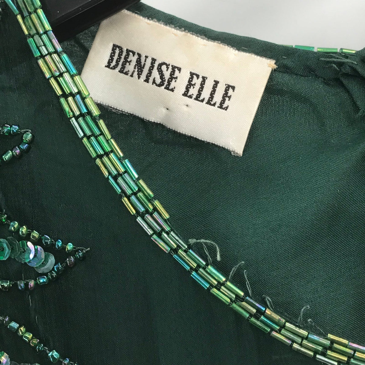 Vintage Denise Elle Sequin Beaded Scalloped Hem Sheath Dress Emerald Green Large