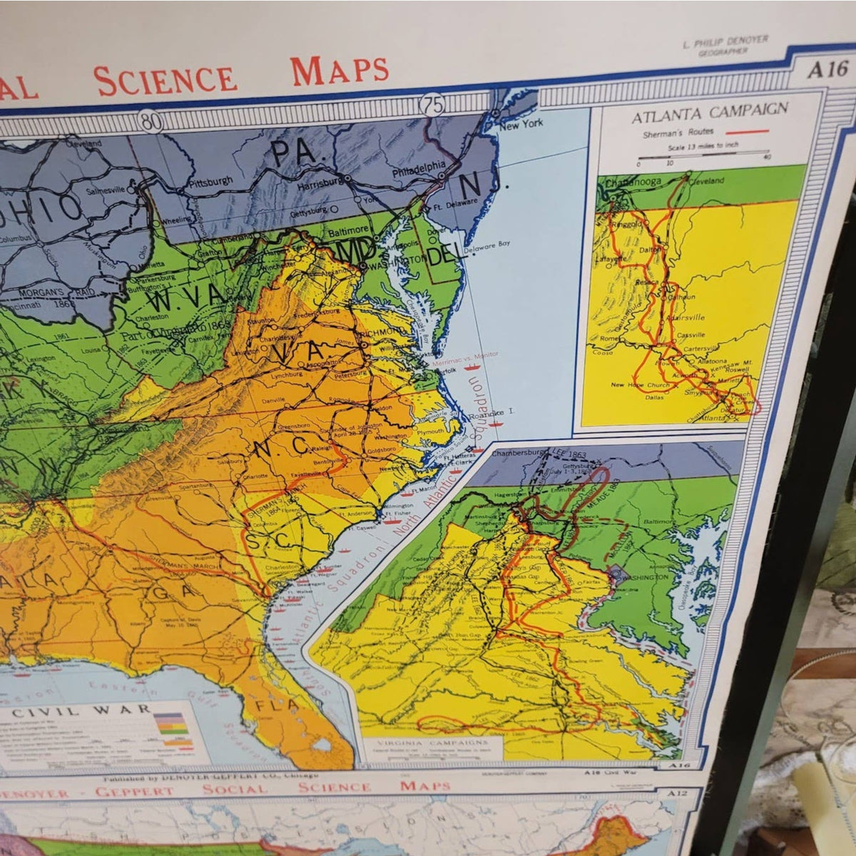 1960s Denoyer Geppert  School Wall Rollup Map Territorial Acquisitions 2 in 1