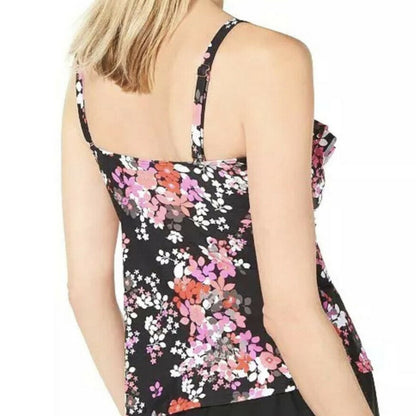 Island Escape Floral Ruffle Bandeau Tankini Bandini Top Black Pink 12