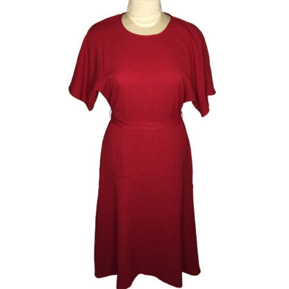 Charles Henry Short Sleeve Midi Dress Tie Waist Scoop Neck Burgundy Medium Work