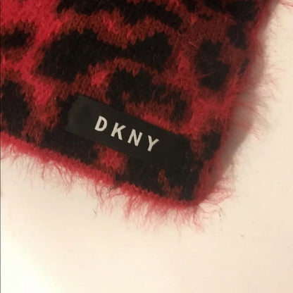 DKNY $48 Fuzzy Animal Print Red Scarf Black 63" x  12" cheetah NEW wrap