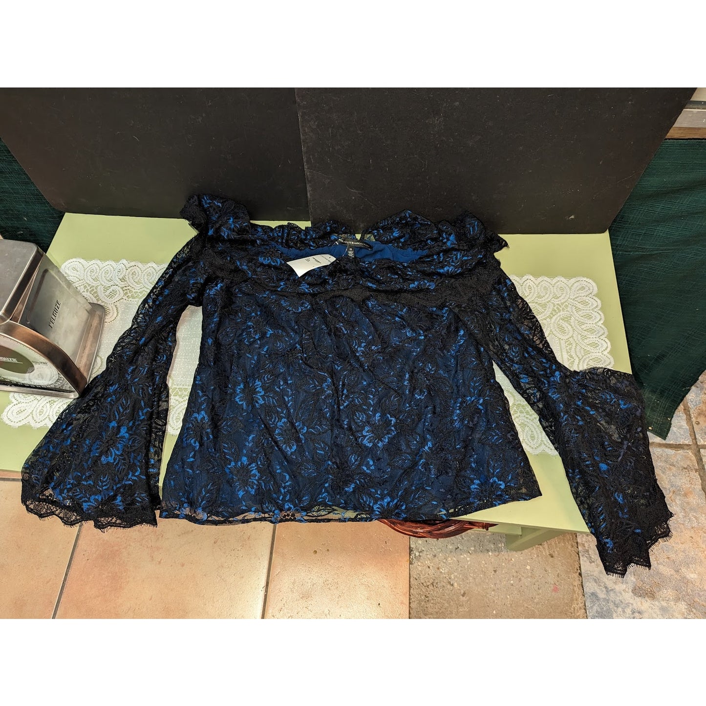 NWT White House Black Market Blue Lace Off the Shoulder Bell Sleeve Top Blouse