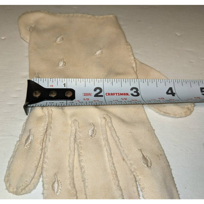 Vintage Ivory Cream Handsewn Shorties Embroidered Leaves Faux Doeskin Gloves