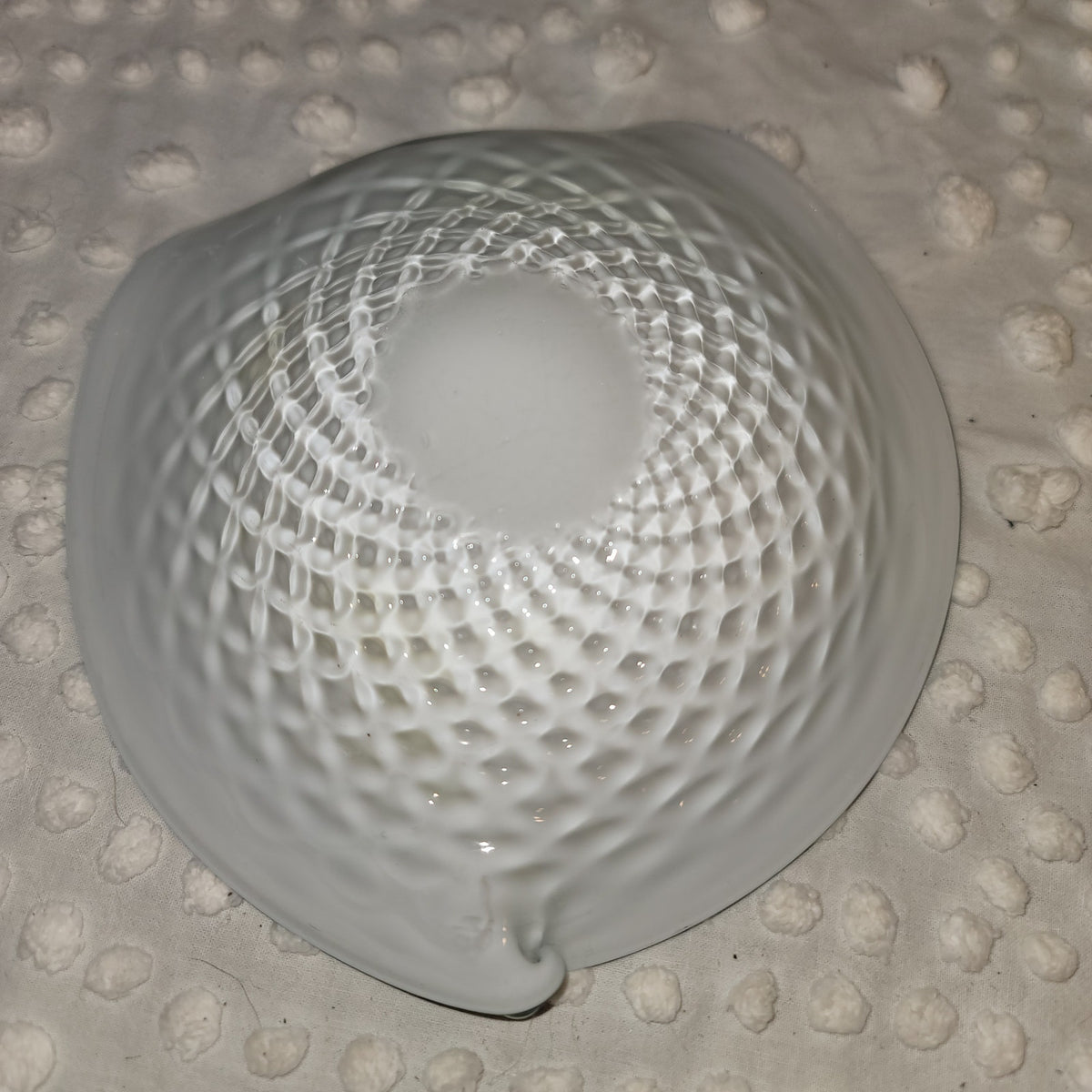 Murano Swirl Quilted Glass Bowl Green Mid Century Small 7 in Cased White