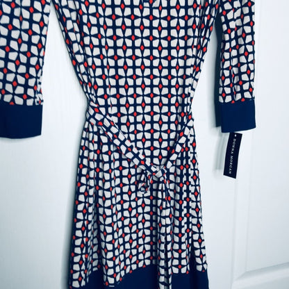 Donna Morgan Long Sleeve Shift Dress Collared Geometric Blue/White/orange Size 6