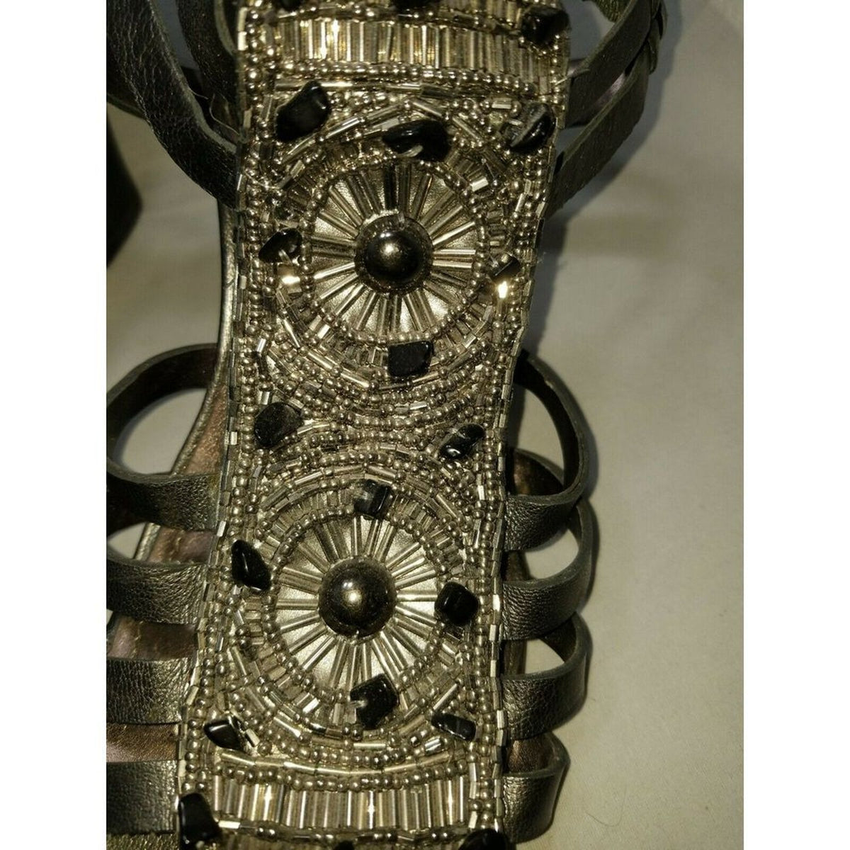 Vince Camuto women's Wedge Sandals PEWTER leather Beaded size 8B Strappy 38EU