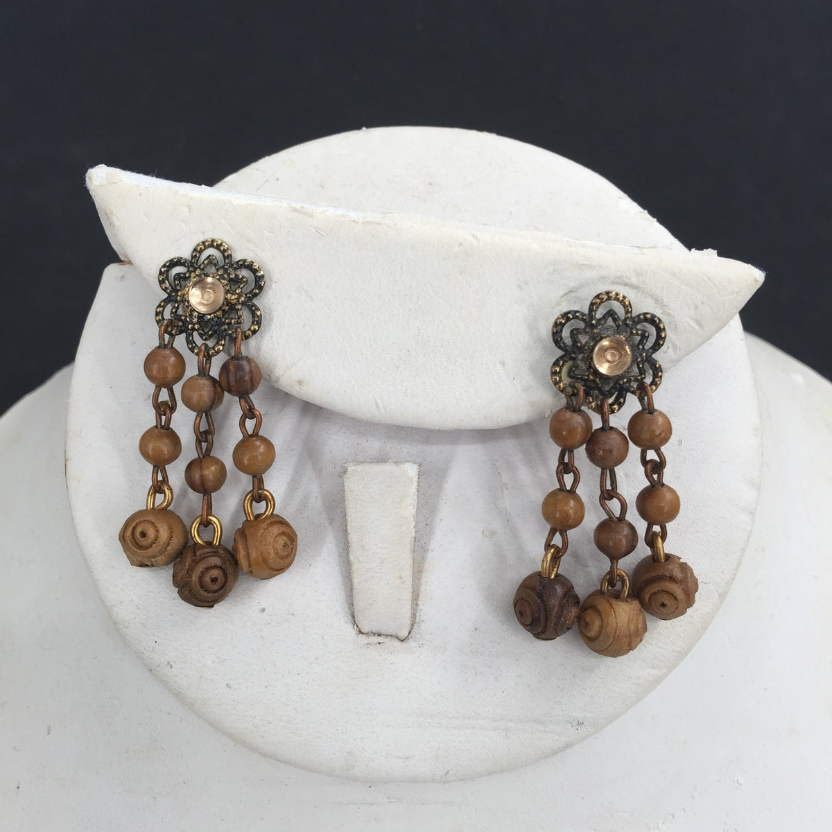 Vintage Wooden Beaded Flower Wire Dangle Post Earring Costume Jewelry