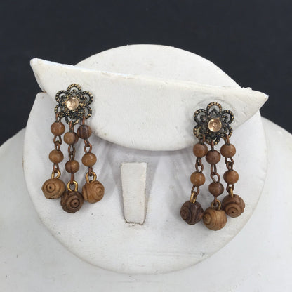 Vintage Wooden Beaded Flower Wire Dangle Post Earring Costume Jewelry