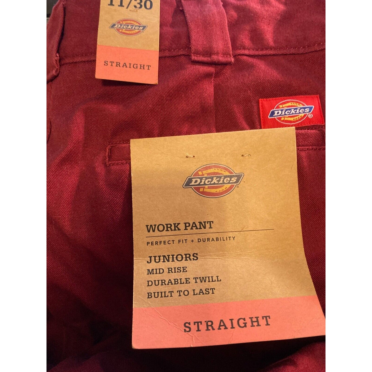 Dickies Straight Leg Juniors Flat Front Mid Rise Pants Size 11/30 Burgundy NWT
