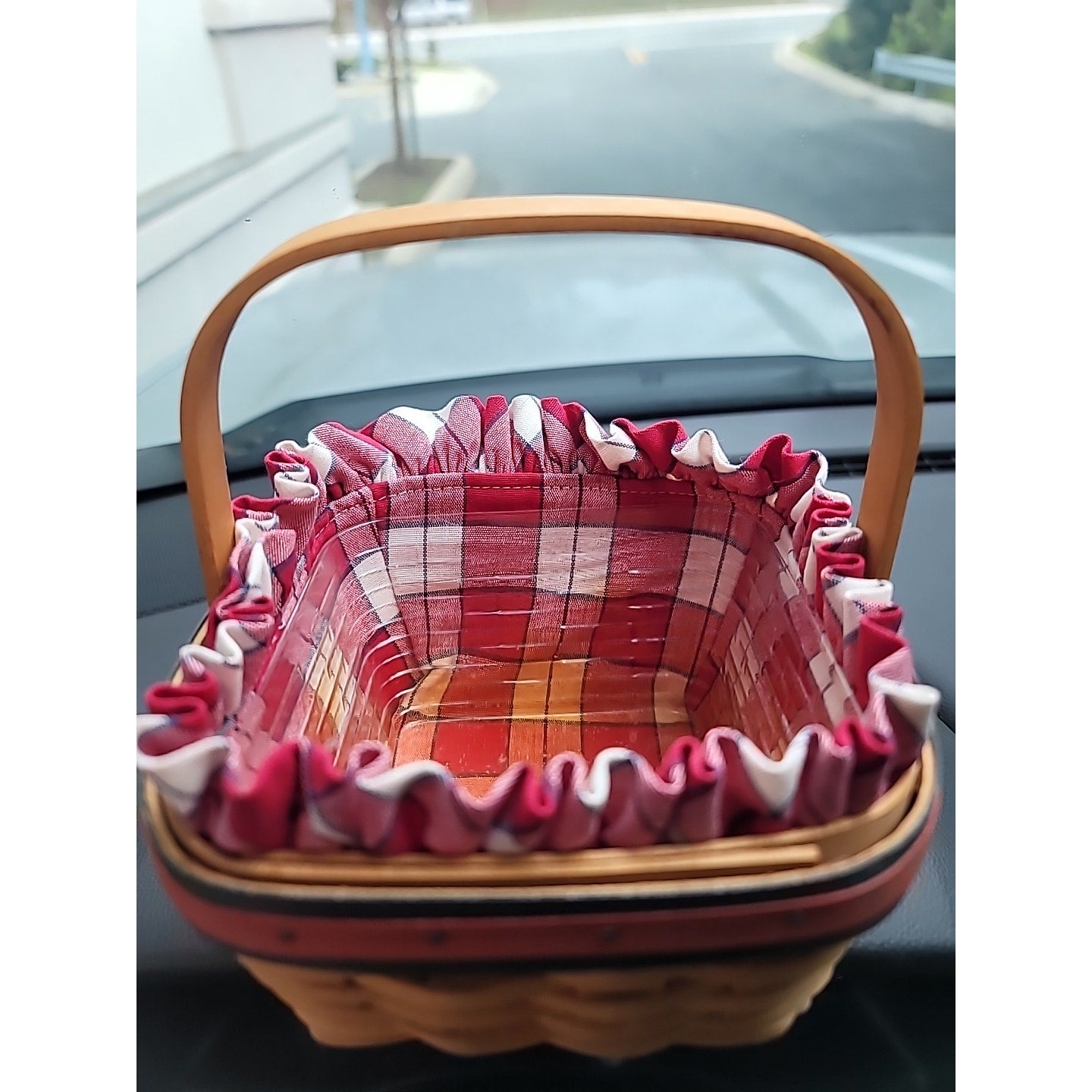 Longaberger basket small red green plaid insert Berry picker Handwoven 2001 Ohio
