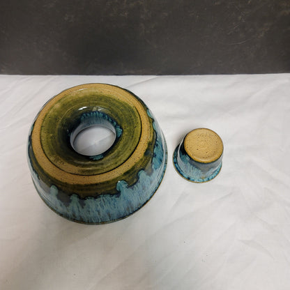 Vintage Blue Olive Serving Set Two Piece Ring Bowl with Sauce Cup Handmade