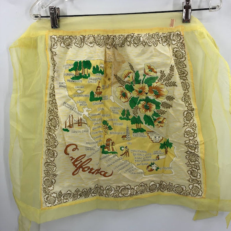 P. Shuman Co. Japan Rayon VINTAGE yellow California Map Sheer Apron 1950s