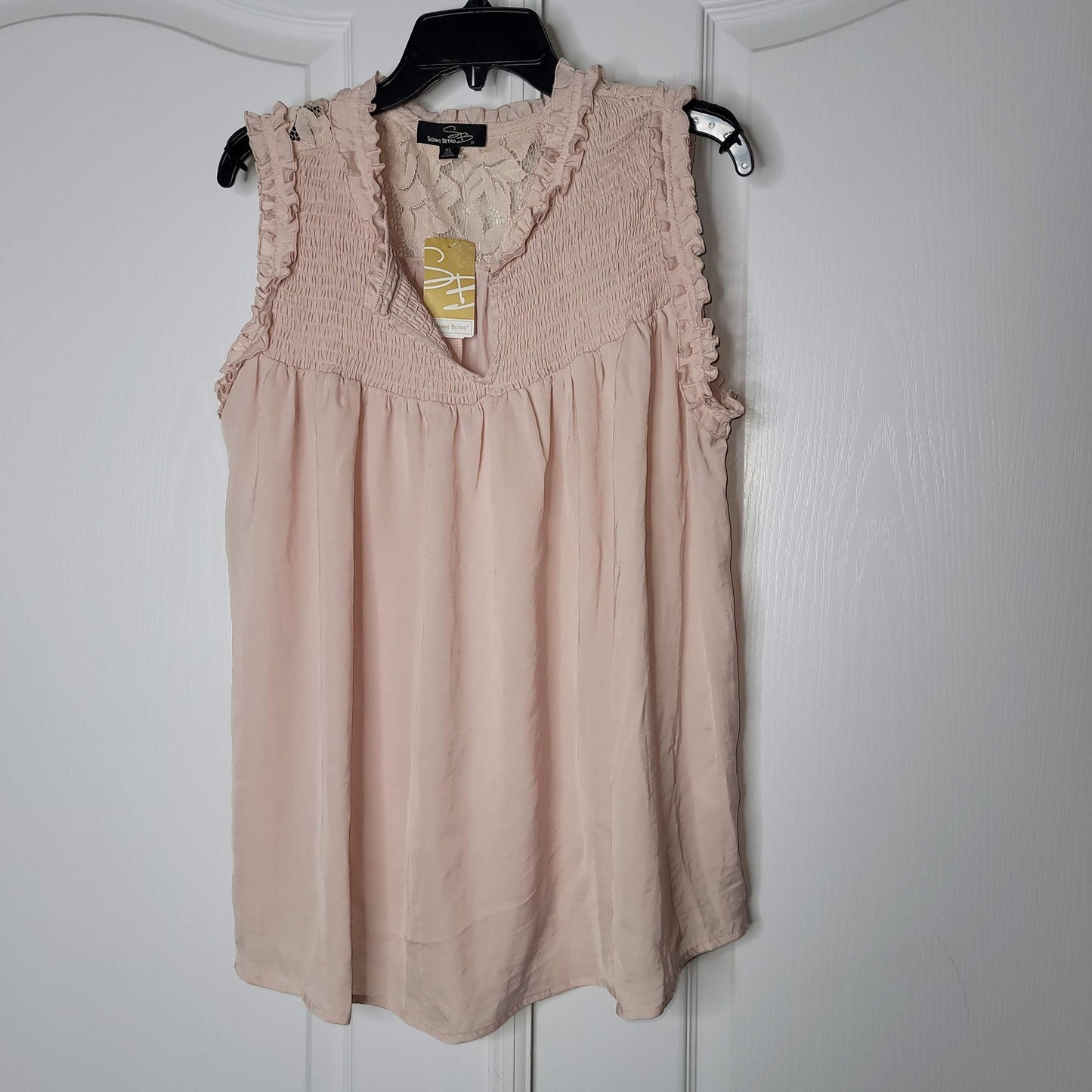 Suzanne Betro Smocked Lace-Yoke Ruffle-Trim Sleeveless Tunic Dusty Pink X-Large