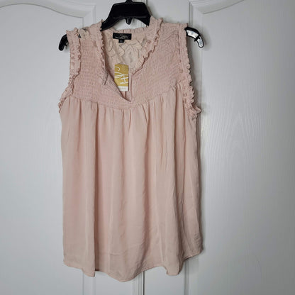 Suzanne Betro Smocked Lace-Yoke Ruffle-Trim Sleeveless Tunic Dusty Pink X-Large