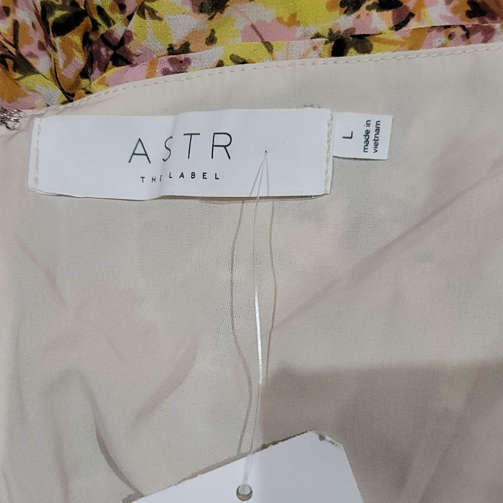 ASTR blush yellow Large Summer Dress floral Lined Flutter Short Sleeves Rouched