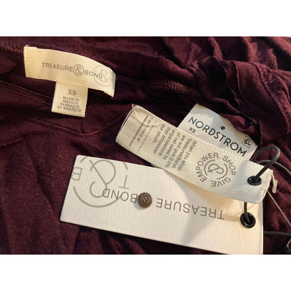 Treasure & Bond Mineral Wash V-Neck Long Sleeve Top XS/Extra Small Burgundy NWT