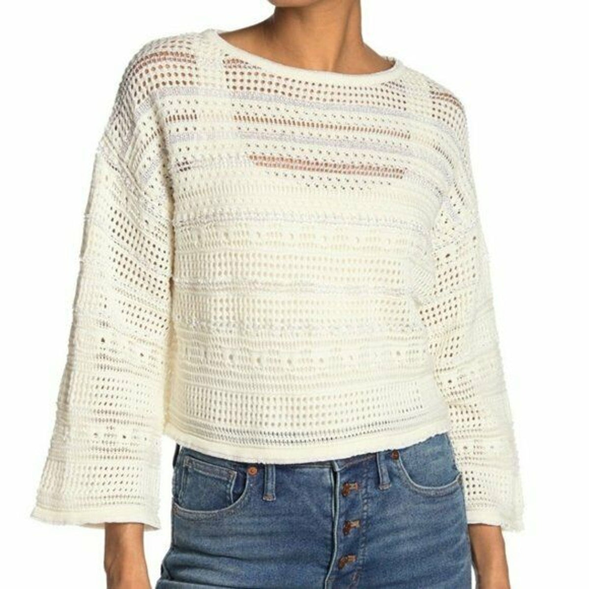 CENY Open Knit Cropped Sweater Wide Sleeve White Large Long Sleeve NEW