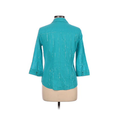 Style&Co 3/4 Sleeve Button-Down Shirt Size 10 Turquoise Teal Metallic Striped