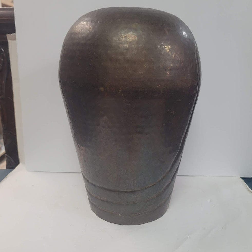 Vintage Tall brass hammered VASE 12" Swirl Motif India Tapered Art Deco Design