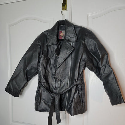 G III Women VINTAGE Black Leather Jacket Coat Belted Front Zip Quilt Lined Large