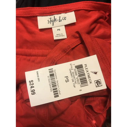 Style Co NWT Women’s Petite Cherry On Top Red Pleated-Neck Top Blouse small