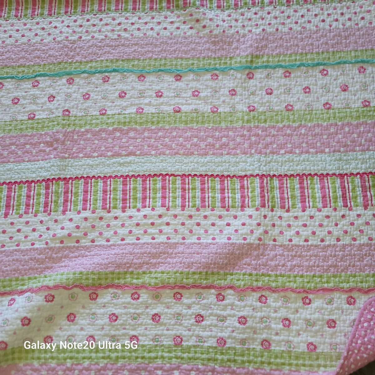 Pink Green Cream quilt Double sided 66" x 88" Twin Full Shabby Chic Vibes