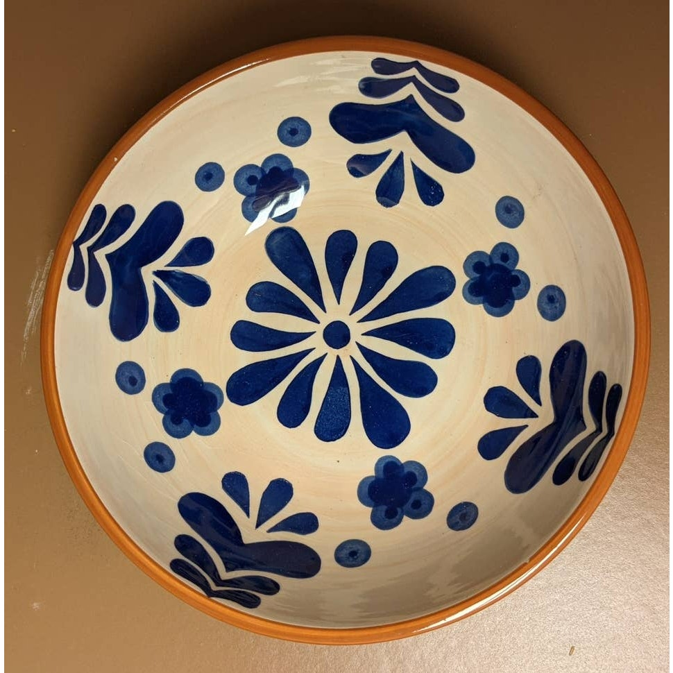 Sedona LOT 2 SALD Handcrafted Glazed Terracotta Blue Floral Bowl Over 7 Inch
