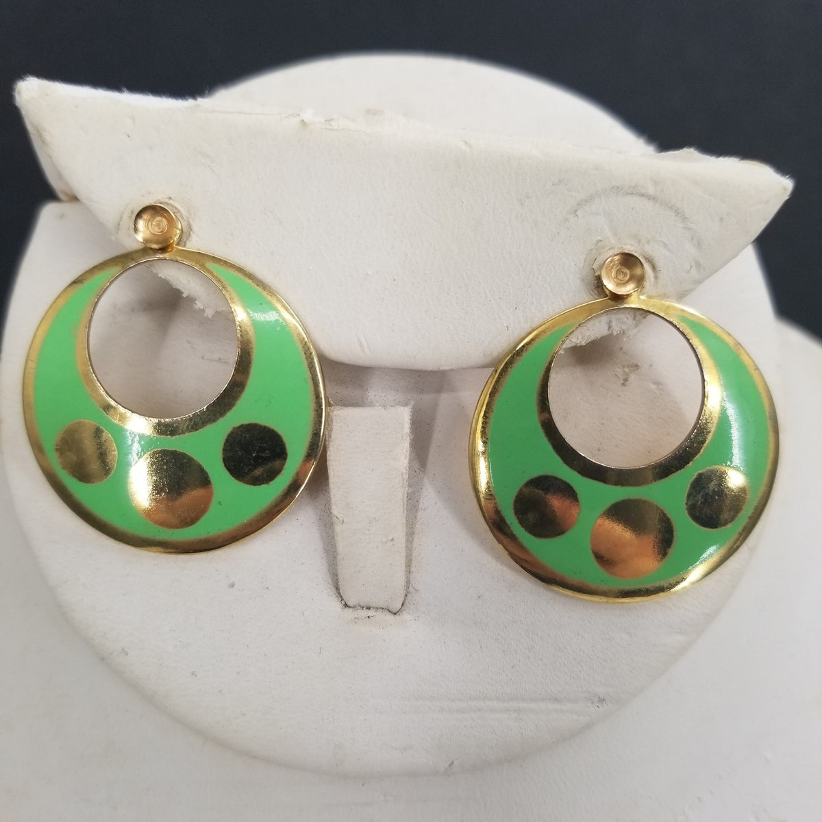 Vintage Green Enamel Golden Post Earrings Costume Jewelry Round hoop MOD