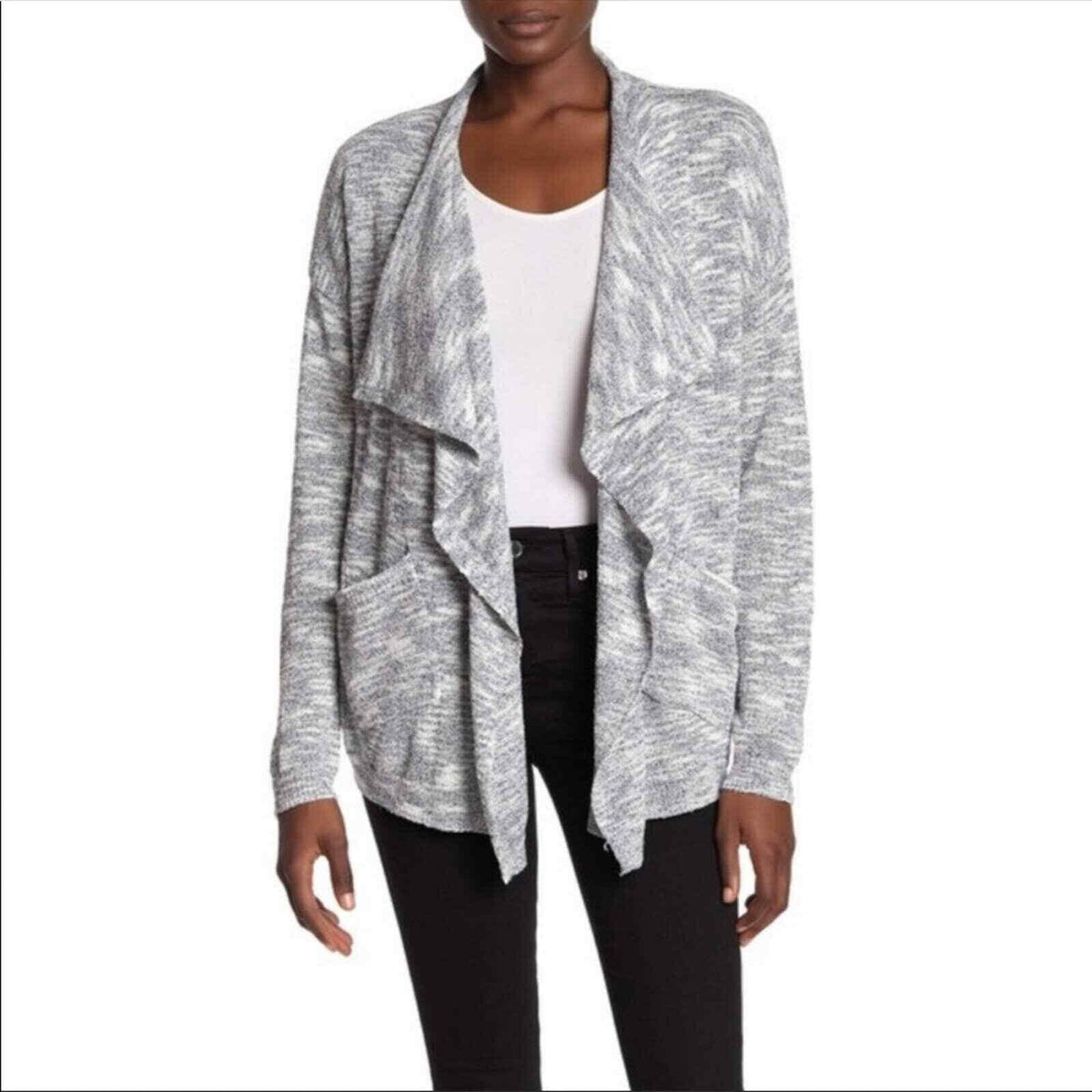 ADY P Space Dye Draped Open Cardigan Sz XL/Extra Large Black & White Marl NWT