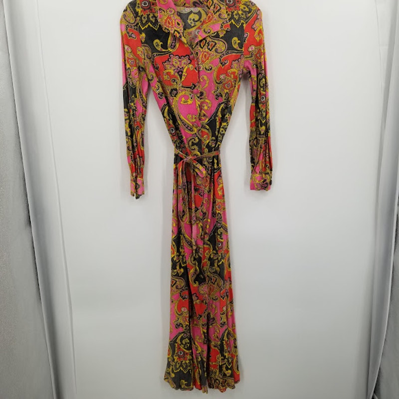 Vintage Paisley Long Sleeve Maxi Dress Waist Tie