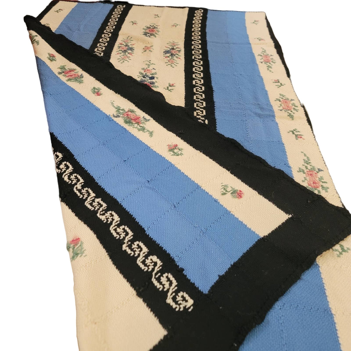 Handmade coverlet Needlework Floral Colorblock Blue Black Blanket Bedspread VTG