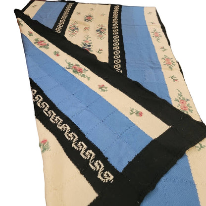 Handmade coverlet Needlework Floral Colorblock Blue Black Blanket Bedspread VTG