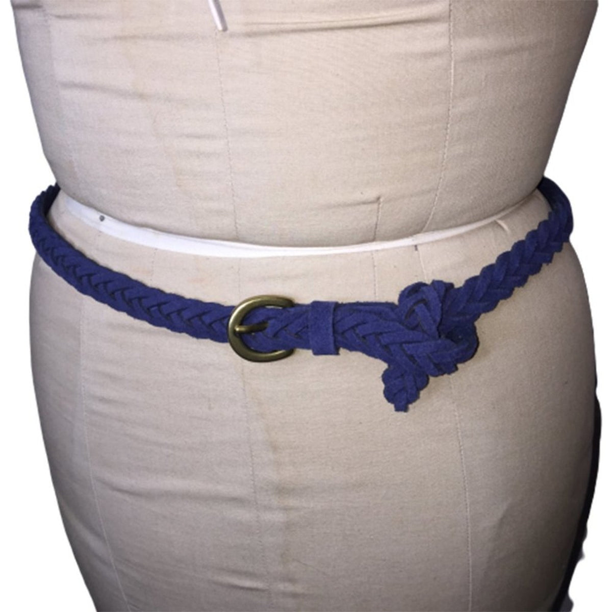 Vintage thin Braided Belt Blue Suede Leather Gold brass Buckle Total Length 38"