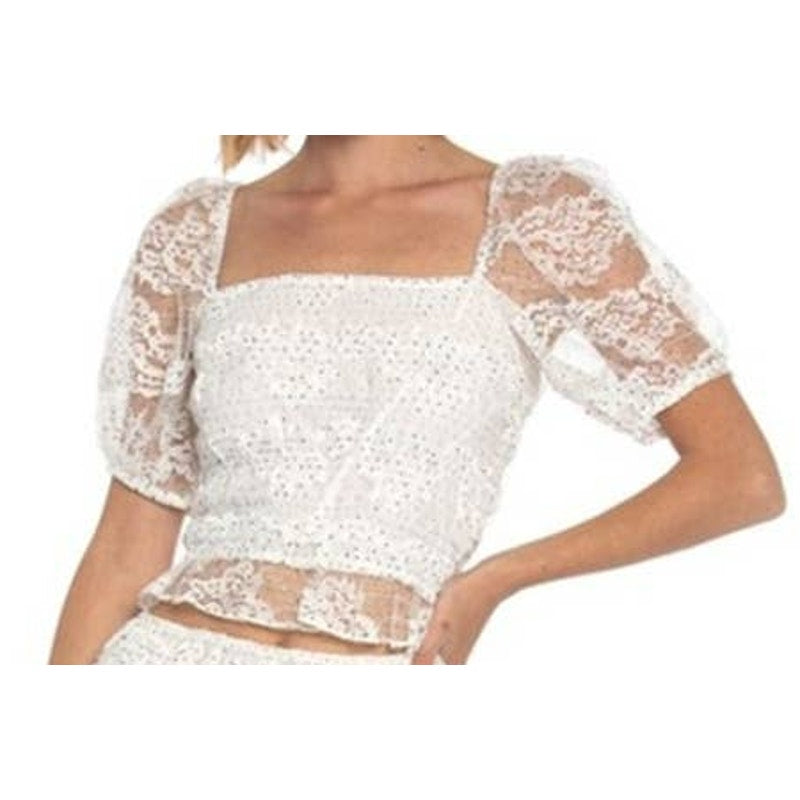 NSR Blouse Extra Large/XL White Black Polka Dot NEW Lace Puff Shoulder Crop Top