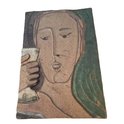 Art Pottery Glaze Couple pair Clay Relief Wall Tile Plaques Male female toasting