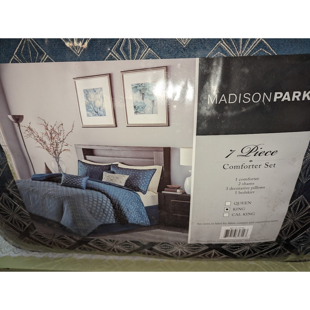 King Size Biloxi 7 Piece Comforter Set Blue Contemporary Madison Park MP10-3734