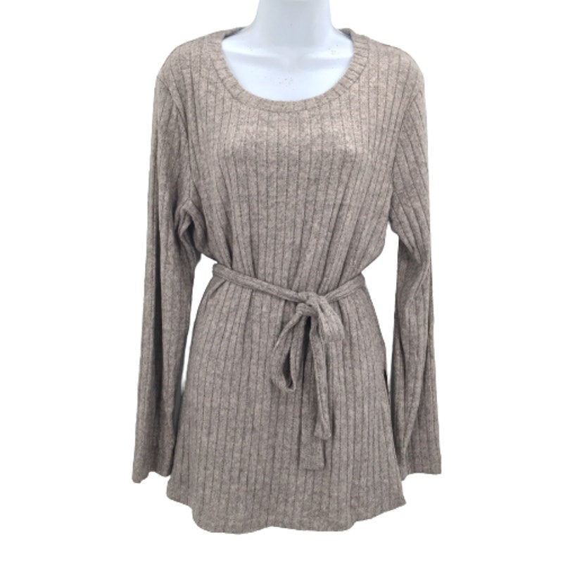 Bobeau Belted Cozy Ribbed Sweater Top Tunic Long Sleeves Beige Medium NWT