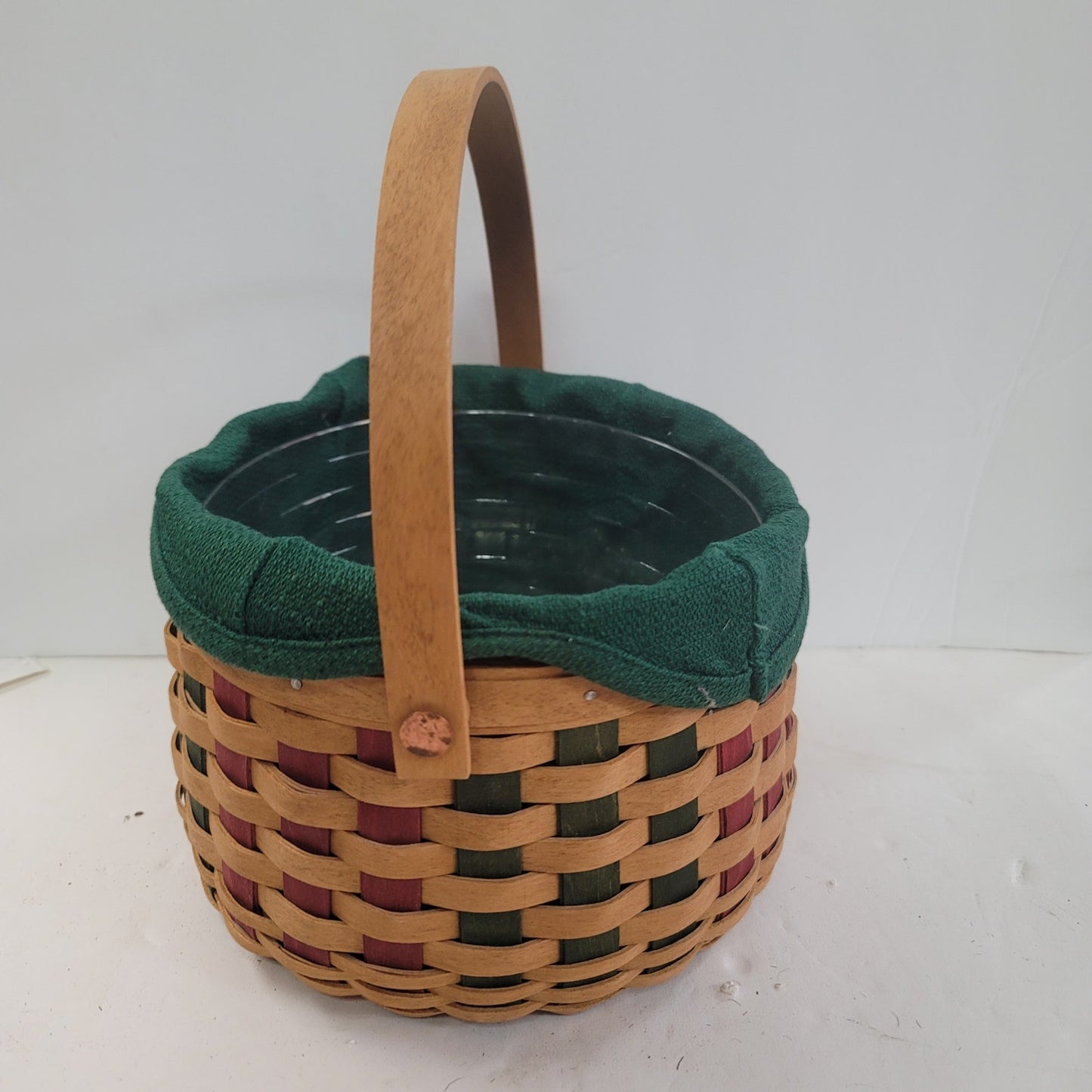 Longaberger berry basket handle wood green red tan Handmade 2003 w/ insert