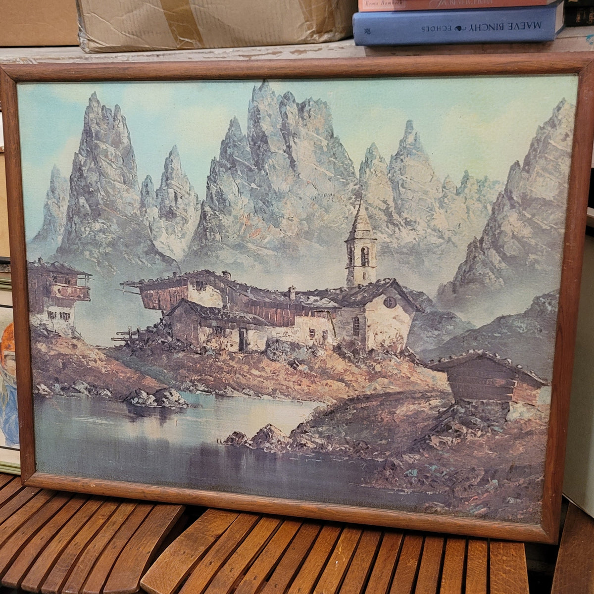 Alpine house print on canvas VINTAGE wood frame 23"