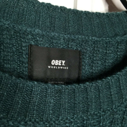 Obey Pullover Sweater Long Sleeves Crew Neck Knit Wool Green/ White Small NWT