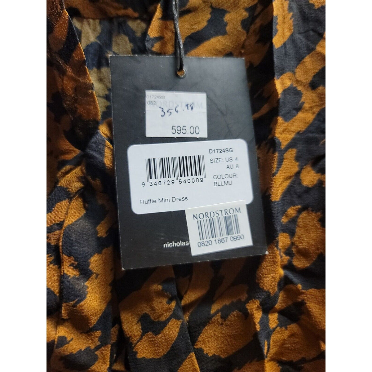 NICHOLAS Leopard Print Neck Tie MINI Flare Ruffle Dress SIZE 4 Blk/brown NEW