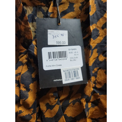 NICHOLAS Leopard Print Neck Tie MINI Flare Ruffle Dress SIZE 4 Blk/brown NEW