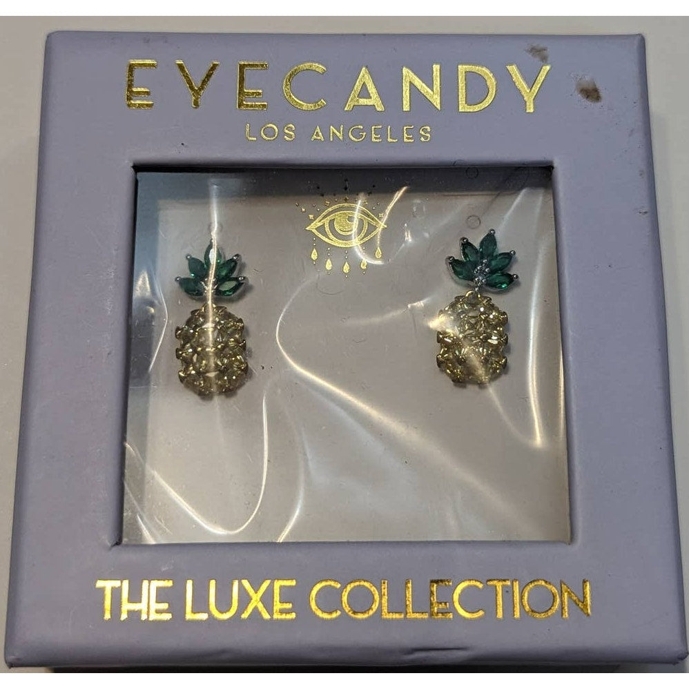Eye Candy Lux CRUISING Pineapple Earrings Yellow Green Rhinestone Studs New